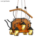 GobekUsa Retro Ship-Shaped Island Lamp - Black Metallic Hanging Light Fixture for Restaurants - 6 Lights - White Fabric/Clear Glass Shade
