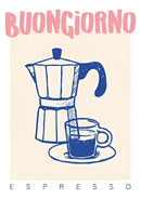 Retro blue and pink espresso wall art kitchen framed poster by Decorbites