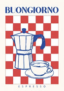 Retro blue and pink espresso wall art kitchen framed poster by Decorbites