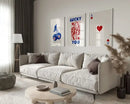 Retro blue & cream queen of hearts wall art posters – living room decor by Decorbites