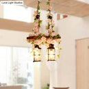 GobekUsa Retro Wooden Lantern 2/3 Head Island Ceiling Light with LED Drop Lamp, Pink/Green, Plant/Flower Decor