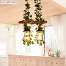 GobekUsa Retro Wooden Lantern 2/3 Head Island Ceiling Light with LED Drop Lamp, Pink/Green, Plant/Flower Decor