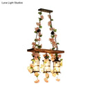GobekUsa Retro Wooden Lantern 2/3 Head Island Ceiling Light with LED Drop Lamp, Pink/Green, Plant/Flower Decor