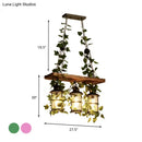 GobekUsa Retro Wooden Lantern 2/3 Head Island Ceiling Light with LED Drop Lamp, Pink/Green, Plant/Flower Decor