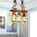 GobekUsa Retro Wooden Lantern 2/3 Head Island Ceiling Light with LED Drop Lamp, Pink/Green, Plant/Flower Decor