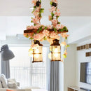 GobekUsa Retro Wooden Lantern 2/3 Head Island Ceiling Light with LED Drop Lamp, Pink/Green, Plant/Flower Decor