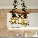 GobekUsa Retro Wooden Lantern 2/3 Head Island Ceiling Light with LED Drop Lamp, Pink/Green, Plant/Flower Decor