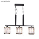 GobekUsa Rustic Black Cylindrical Island Pendant with 3 Lights & Prismatic Crystal, Ideal for Tables