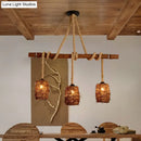 GobekUsa Rustic Rattan Woven Island Pendant – 3-Bulb Dining Room Hanging Light Fixture in Wood