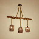 GobekUsa Rustic Rattan Woven Island Pendant – 3-Bulb Dining Room Hanging Light Fixture in Wood