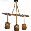 GobekUsa Rustic Rattan Woven Island Pendant – 3-Bulb Dining Room Hanging Light Fixture in Wood