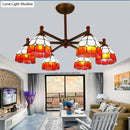GobekUsa Rustic Style Stained Glass Domed Hanging Chandelier - 6-Light Yellow/Red/Blue Pendant Light for Dining Room