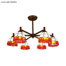 GobekUsa Rustic Style Stained Glass Domed Hanging Chandelier - 6-Light Yellow/Red/Blue Pendant Light for Dining Room