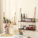 Rustic wood floating wall shelves with rope – living room set of 3 by Decorbites
