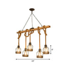 GobekUsa Rustic Wood Pendant Lamp: Linear Restaurant Hanging Island Light with Brown Roped Cage (3/5-Light)