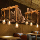 GobekUsa Rustic Wood Pendant Lamp: Linear Restaurant Hanging Island Light with Brown Roped Cage (3/5-Light)