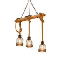 GobekUsa Rustic Wood Pendant Lamp: Linear Restaurant Hanging Island Light with Brown Roped Cage (3/5-Light)