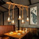 GobekUsa Rustic Wood Pendant Lamp: Linear Restaurant Hanging Island Light with Brown Roped Cage (3/5-Light)