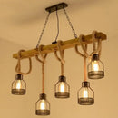 GobekUsa Rustic Wood Pendant Lamp: Linear Restaurant Hanging Island Light with Brown Roped Cage (3/5-Light)
