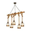 GobekUsa Rustic Wood Pendant Lamp: Linear Restaurant Hanging Island Light with Brown Roped Cage (3/5-Light)