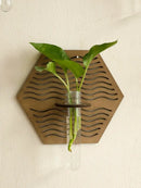 Rustic geometric wood wall vase with glass tube living room decor by Decorbites