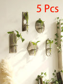 Rustic geometric wood wall vase with glass tube living room decor by Decorbites