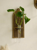 Rustic geometric wood wall vase with glass tube living room decor by Decorbites