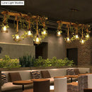 GobekUsa Rustic Wooden Brown Island Light with 5 Heads, Cage Shade, and Green Art Ivy Pendant