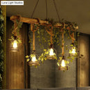 GobekUsa Rustic Wooden Brown Island Light with 5 Heads, Cage Shade, and Green Art Ivy Pendant