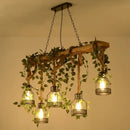 GobekUsa Rustic Wooden Brown Island Light with 5 Heads, Cage Shade, and Green Art Ivy Pendant