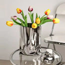 GobekUsa Silver Ruffled Ceramic Flower Vase