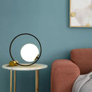 GobekUsa Sleek Black Bedside Table Lamp: Ring and Ball Night Light in Simplicity White Glass