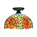 GobekUsa Tiffany 2-Light Domed Semi Flush Mount Ceiling Light with Sunflower Pattern in Brass/Bronze - Bedroom Lighting