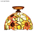 GobekUsa Tiffany 2-Light Domed Semi Flush Mount Ceiling Light with Sunflower Pattern in Brass/Bronze - Bedroom Lighting