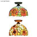 GobekUsa Tiffany 2-Light Domed Semi Flush Mount Ceiling Light with Sunflower Pattern in Brass/Bronze - Bedroom Lighting