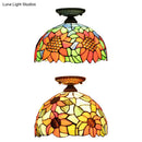 GobekUsa Tiffany 2-Light Domed Semi Flush Mount Ceiling Light with Sunflower Pattern in Brass/Bronze - Bedroom Lighting