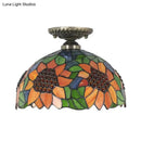 GobekUsa Tiffany 2-Light Domed Semi Flush Mount Ceiling Light with Sunflower Pattern in Brass/Bronze - Bedroom Lighting