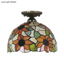 GobekUsa Tiffany 2-Light Domed Semi Flush Mount Ceiling Light with Sunflower Pattern in Brass/Bronze - Bedroom Lighting