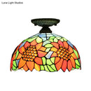 GobekUsa Tiffany 2-Light Domed Semi Flush Mount Ceiling Light with Sunflower Pattern in Brass/Bronze - Bedroom Lighting
