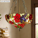 GobekUsa Tiffany Stained Glass Flower Semi-Flush Ceiling Light with 3 Red Heads