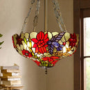GobekUsa Tiffany Stained Glass Flower Semi-Flush Ceiling Light with 3 Red Heads