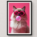 Vibrant pink cat bubblegum canvas wall art print bedroom decor by Decorbites