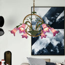 GobekUsa Traditional Floral Ceiling Chandelier - White/Yellow/Purple Glass - 6 Hanging Light Heads