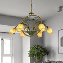 GobekUsa Traditional Floral Ceiling Chandelier - White/Yellow/Purple Glass - 6 Hanging Light Heads