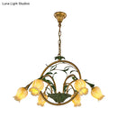 GobekUsa Traditional Floral Ceiling Chandelier - White/Yellow/Purple Glass - 6 Hanging Light Heads