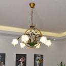 GobekUsa Traditional Floral Ceiling Chandelier - White/Yellow/Purple Glass - 6 Hanging Light Heads