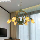 GobekUsa Traditional Floral Ceiling Chandelier - White/Yellow/Purple Glass - 6 Hanging Light Heads