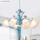GobekUsa White Glass Chandelier Light - Floral Countryside 8 Bulbs Pendant Lamp for Living Room in Blue