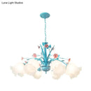 GobekUsa White Glass Chandelier Light - Floral Countryside 8 Bulbs Pendant Lamp for Living Room in Blue