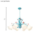 GobekUsa White Glass Chandelier Light - Floral Countryside 8 Bulbs Pendant Lamp for Living Room in Blue